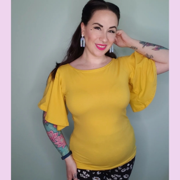 Retro yellow flutter sleeve vintage top pinup rockabilly - Picture 1 of 5